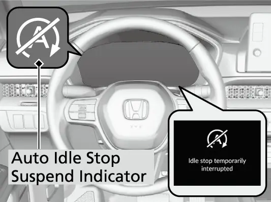 דער Auto Idle Stop suspend אינדיקאטאר מיט זיין מעלדונג “Idle stop temporarily interrupted” (Idle stop איז צייטווייליג אפגעשטעלט).