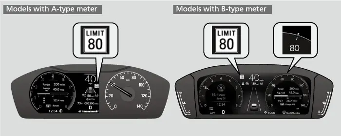 דער Traffic Sign Recognition דיספליי; דער שילד-אייקאן בלינקט ווען מען גייט איבער די גרענעץ פון דער גיכקייט ווארענונג.