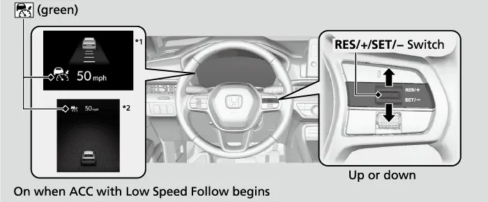 שטעלן די ACC גיכקייט מיטן −/RES/+ SET שאלטער ווען די סיסטעם איז אין standby.